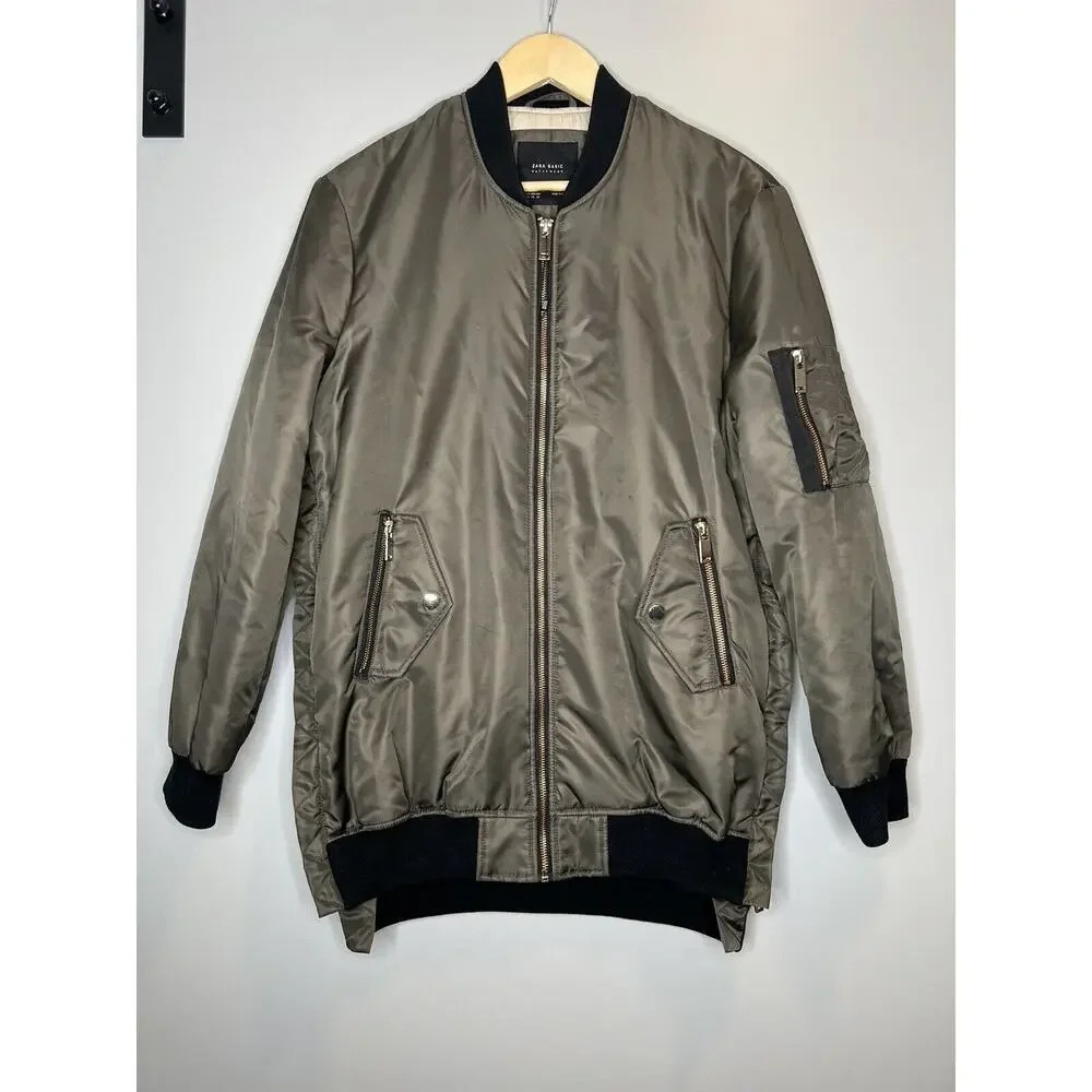 ZARA Basic Outerwear size XS Olive Green Zip Front long Bomber Jacket Womens
